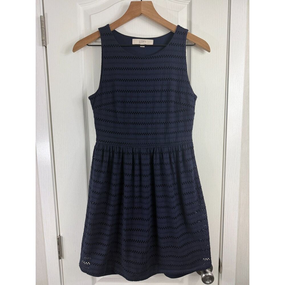 Ann Taylor LOFT Dress Women's XS Navy Eyelet Fit Flare Sleeveless Cotton